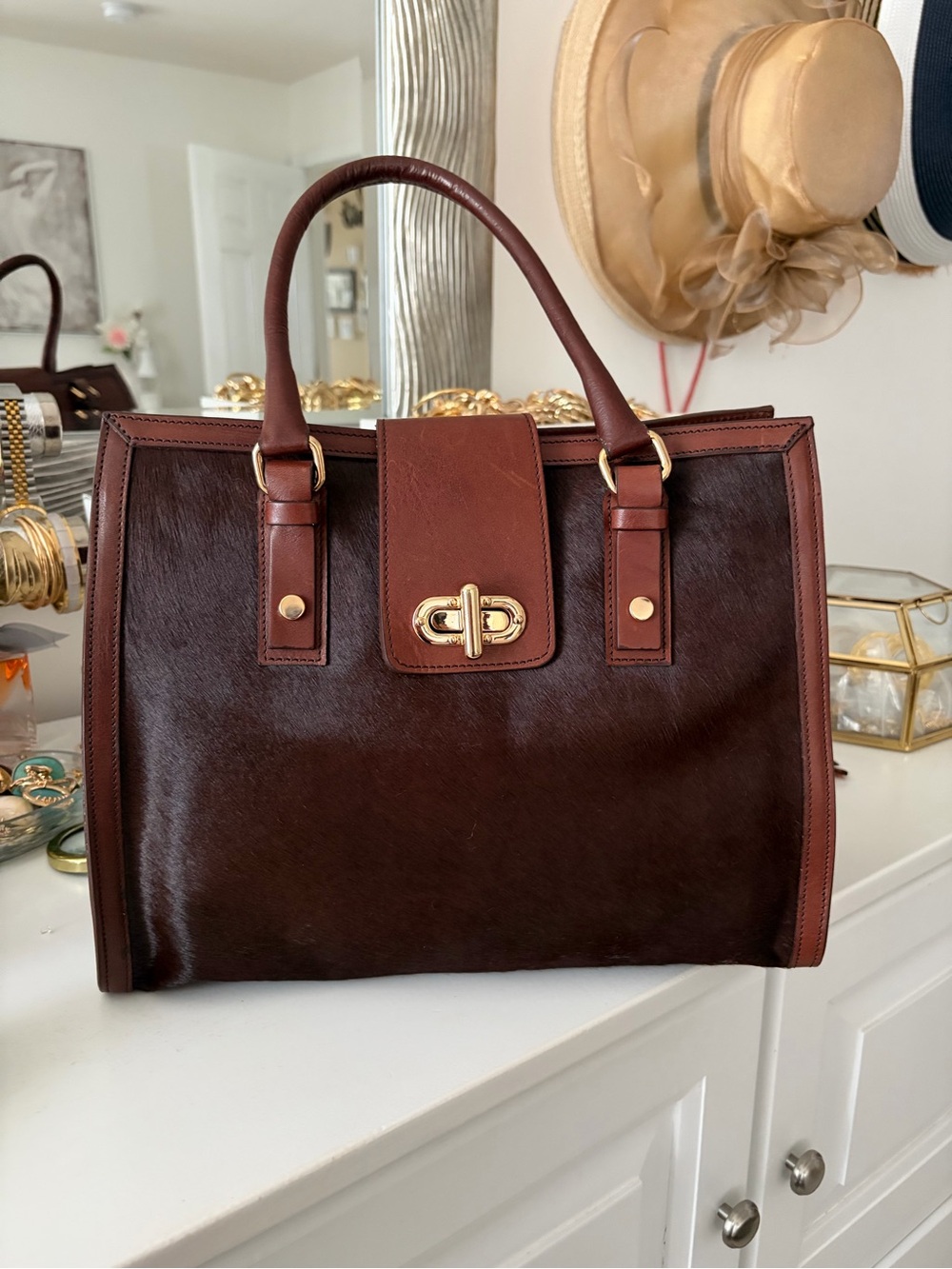 Structured Dark Brown Top-Handle Satchel with Gold-Tone Hardware